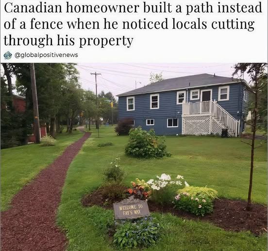 This meme is a humorous image of a Canadian homeowner who has taken a drastic approach to keeping their property secure. The image shows a house with a sign that reads "I have a 10 foot fence, 10 foot fence, 10 foot fence, 10 foot fence" with a red "X" through each one, implying the homeowner has replaced each of their fences with a sign saying "I have a 10 foot fence". The text above the image reads "Canadian homeowner built a path instead of a fence when he noticed locals cutting through his property".